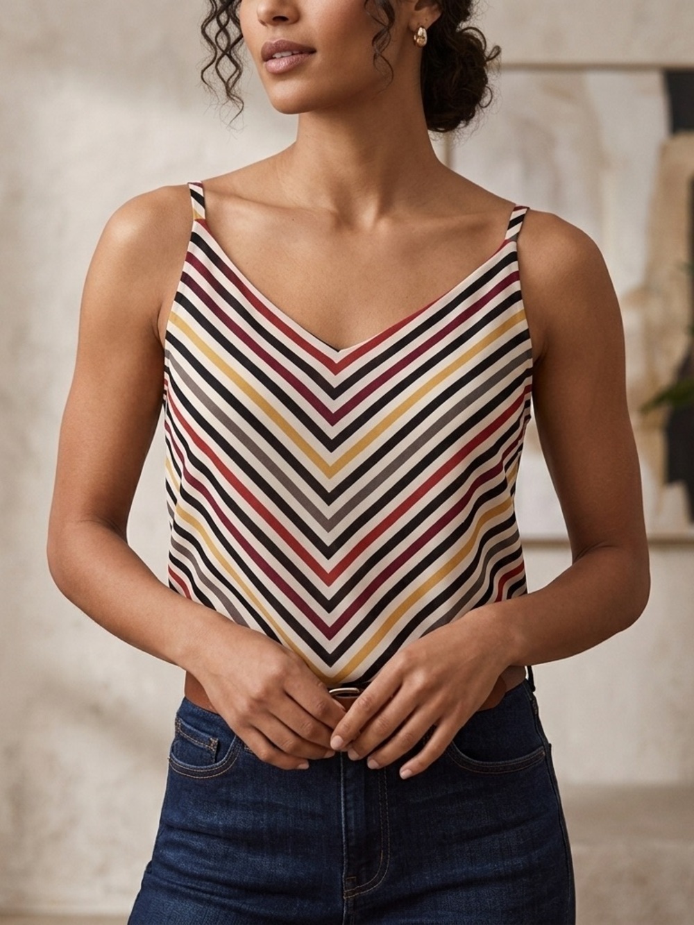 CAbi Multicolor Linea Stripe Cami Tank Top V-Neck Chevron. Size Small